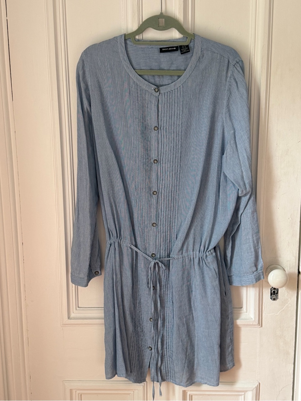 Women’s DKNY Jeans Long Sleeve Button Front Pin Tuck Chambray Tunic Dress